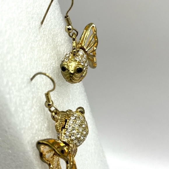 Gold Tone Crystal Fish Earrings with Whimsical Design 3 D Hook Earrings - Picture 9 of 10